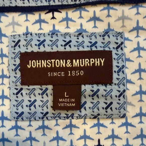 Johnston & Murphy White and Blue Airplane Short Sleeve Button Down Large C11-016 - Picture 2 of 7